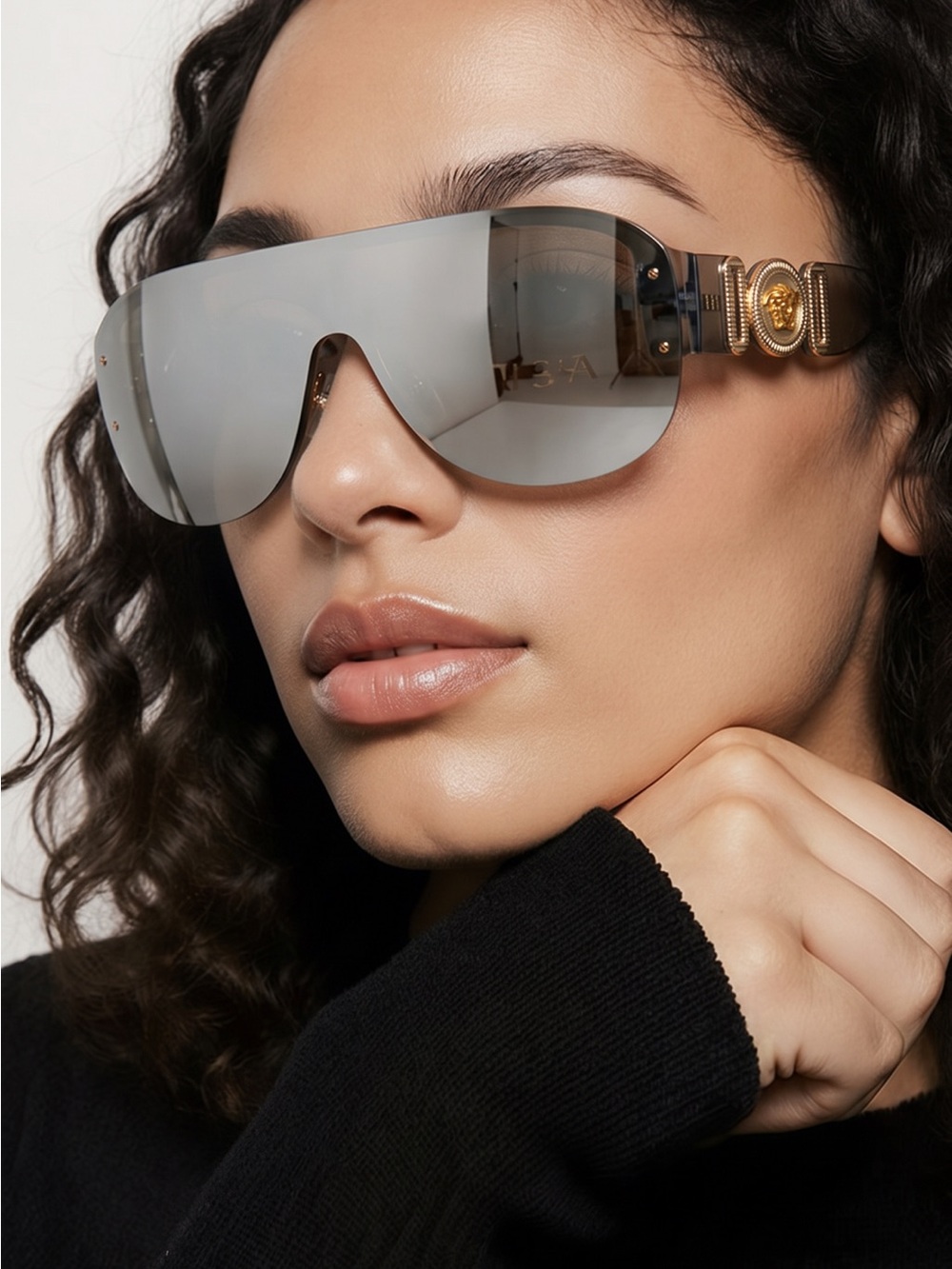Versace Silver Shield Sunglasses with Gold Medusa Accents